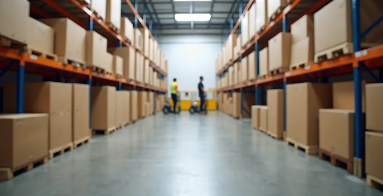 Photo réaliste d’un espace de stockage organisé avec des cartons et équipements de manutention sous un éclairage naturel