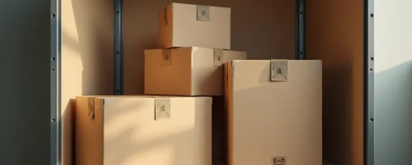 Photo réaliste d'un box de stockage sécurisé avec des cartons empilés proprement et un éclairage cinématographique naturel, sans texte ni logos visibles