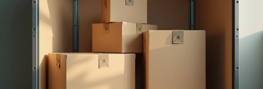 Photo réaliste d'un box de stockage sécurisé avec des cartons empilés proprement et un éclairage cinématographique naturel, sans texte ni logos visibles