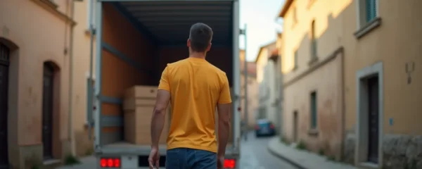 Illustration d'un déménageur local en Tarn-et-Garonne assurant un déménagement efficace et serein avec un camion moderne dans une rue typique de village, éclairage doux cinématographique