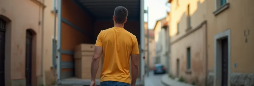 Illustration d'un déménageur local en Tarn-et-Garonne assurant un déménagement efficace et serein avec un camion moderne dans une rue typique de village, éclairage doux cinématographique