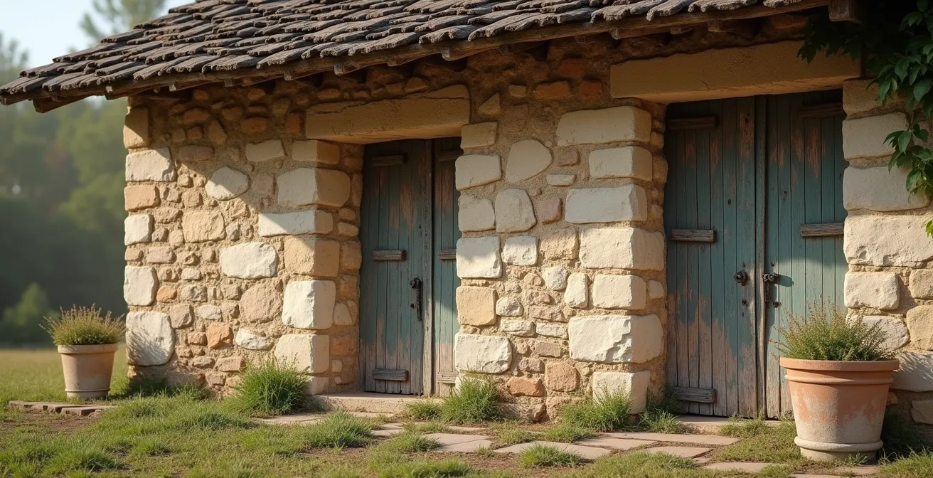 Gros plan sur des éléments architecturaux typiques d'une maison ancienne dans le Tarn-et-Garonne avec textures de pierre et bois