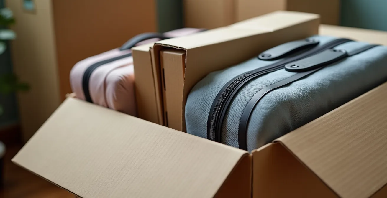 Photographie détaillée d’objets soigneusement rangés dans un box de stockage bien éclairé, montrant des cartons, valises et protections
