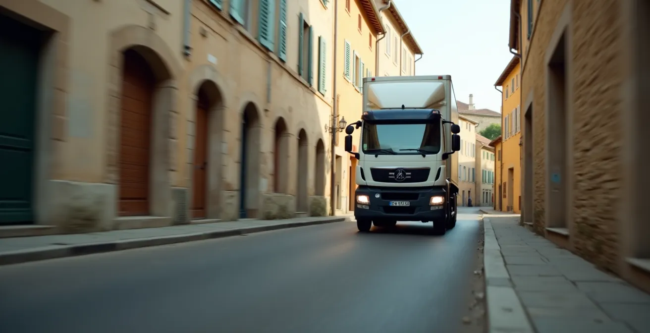 Camion de déménagement manœuvrant dans une rue étroite typique d'une ville du Tarn-et-Garonne avec affichage flou des façades
